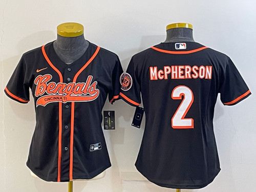 Women's Cincinnati Bengals #2 Evan McPherson Black With Patch Cool Base Stitched Baseball Jersey(Run Small)